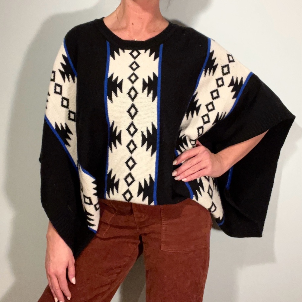 Aztec Western Print Poncho, Black White & Blue Sweater, Women's Size Small